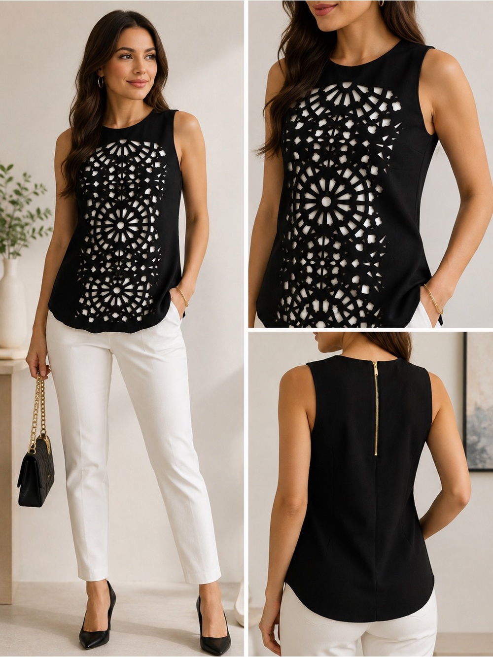 Vince Camuto Black White Laser Cut Sleeveless Top Blouse Size S